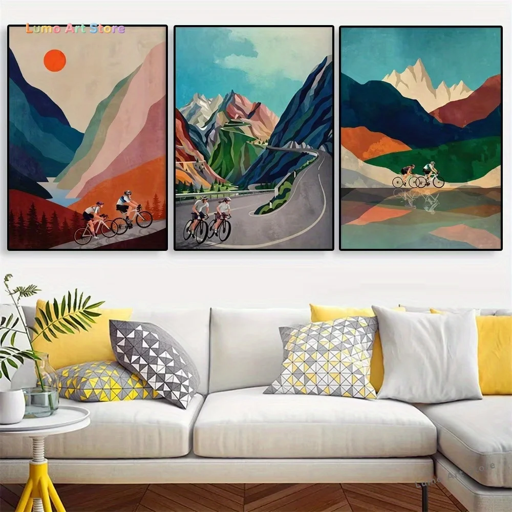 (Canvas Poster Unframes)3pcs/set Modern Bicycle Cycling Canvas Printings Colorful Cycling High In The Mountains Poster Wall P