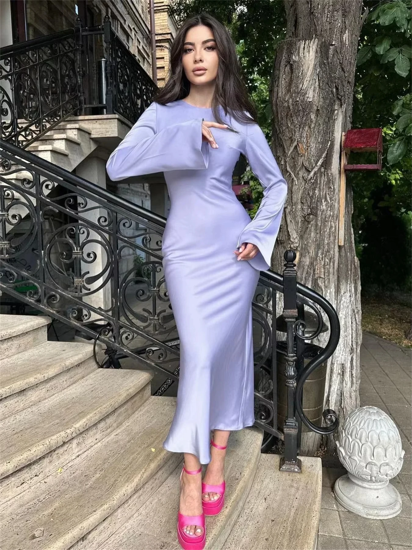 Satin Fashion Slim Maxi Dress For Women Long Sleeve High Waist Elegant Solid Party Dress Casual Luxury Ladies Autumn Dress