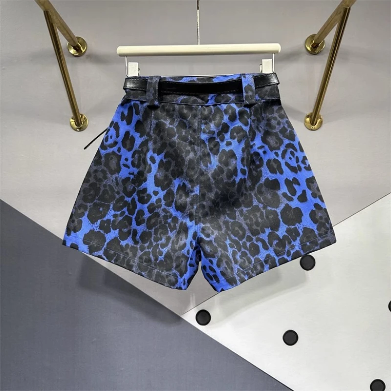 Summer Blue Leopard Print Denim Shorts Women 2024 New High Quality Sexy Spicy Girl Slimming A-Line Wide Feet Hot Pants Trend