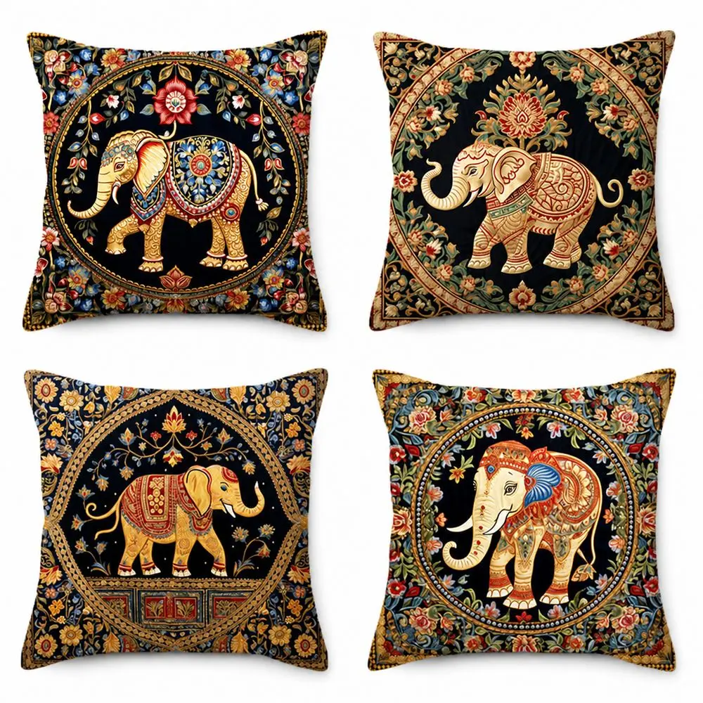 Bohemian Style Elephant Pillow Cover Vintage Pattern Floral Print Elephant Cushion Cover Square Shape Decorative Cushion Case