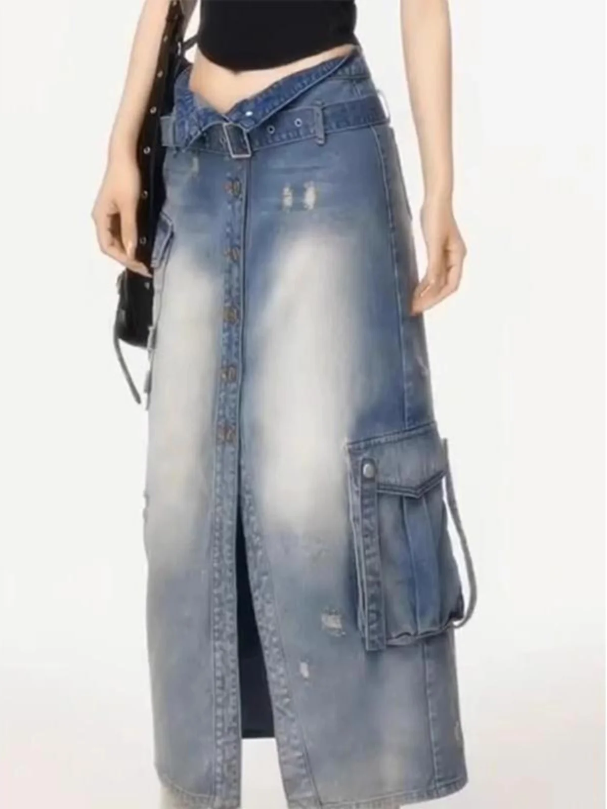 Cintura alta americana retro divisão workwear saia jeans comprimento médio f saia efeito de emagrecimento perfeito para outono inverno estações