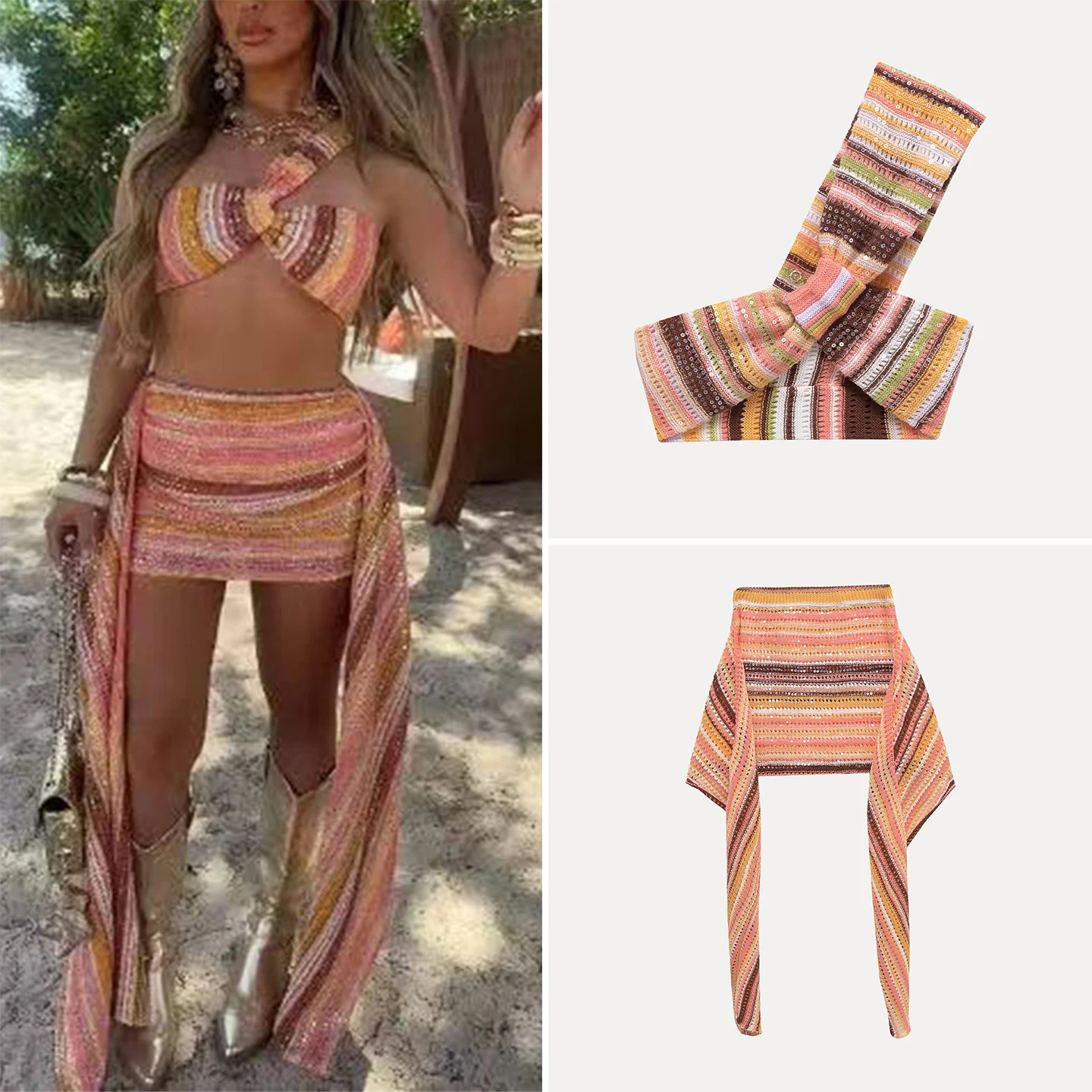 

Женский вязаный комплект из жилета и юбки с пайетками, осенний новый дизайн, полосатый узор, костюм-двойка