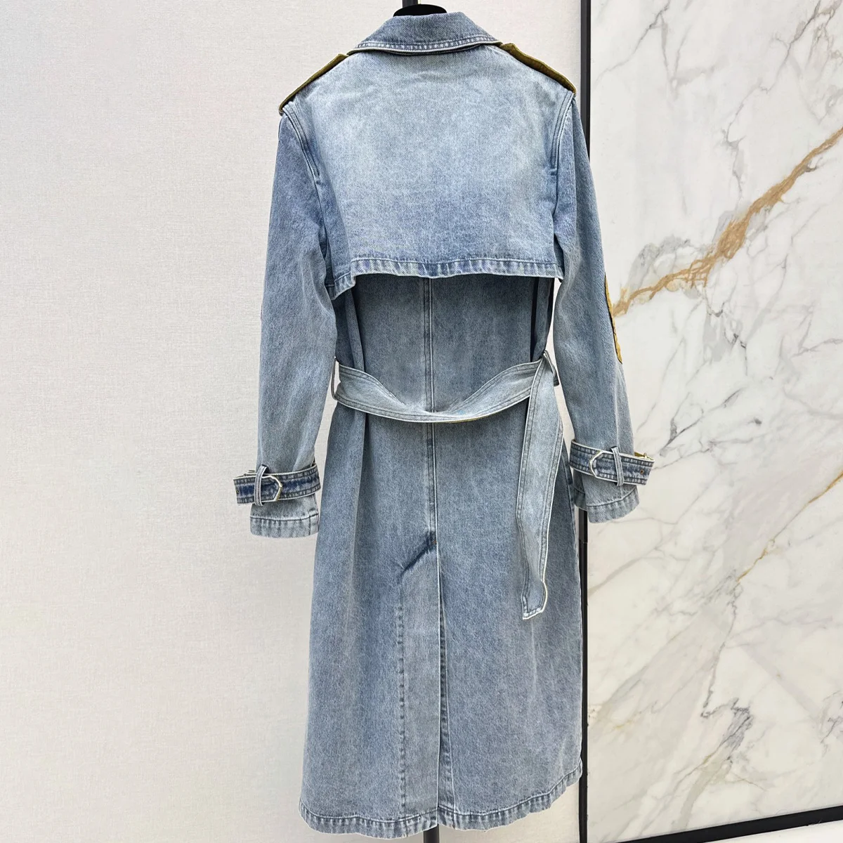 High Quality Women Long Denim Trench Coat Lapel Contrast Fabric Patchwork Belted Double Breasted Jean Overcoat lyt26101730