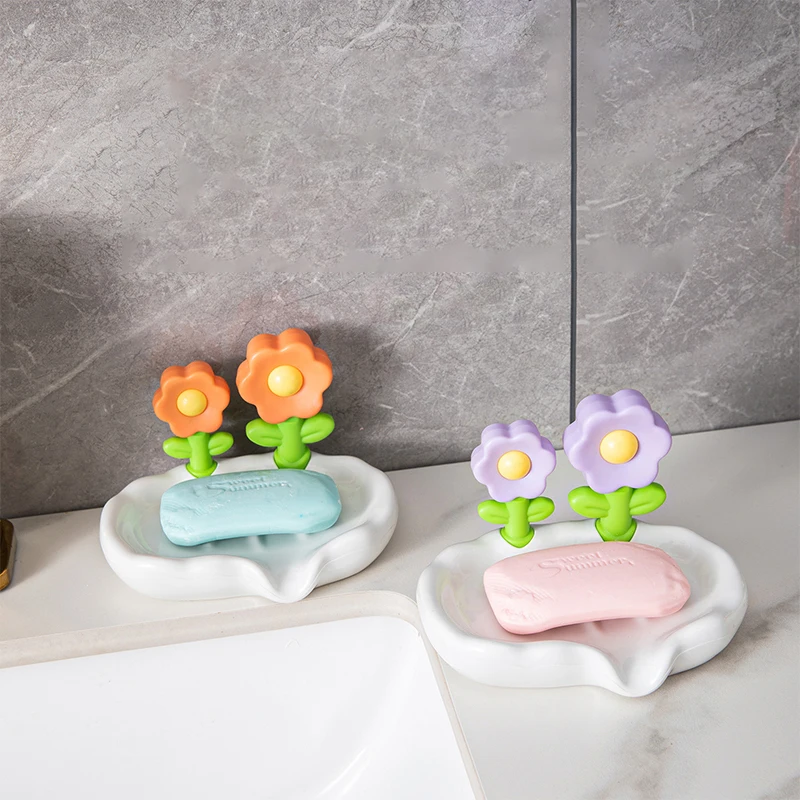 Plastic Cute Flower Soap Dish, Drain Soap Tray, Self Draining Soap Holder, Soap Storage Rack For Bathroom Accessories