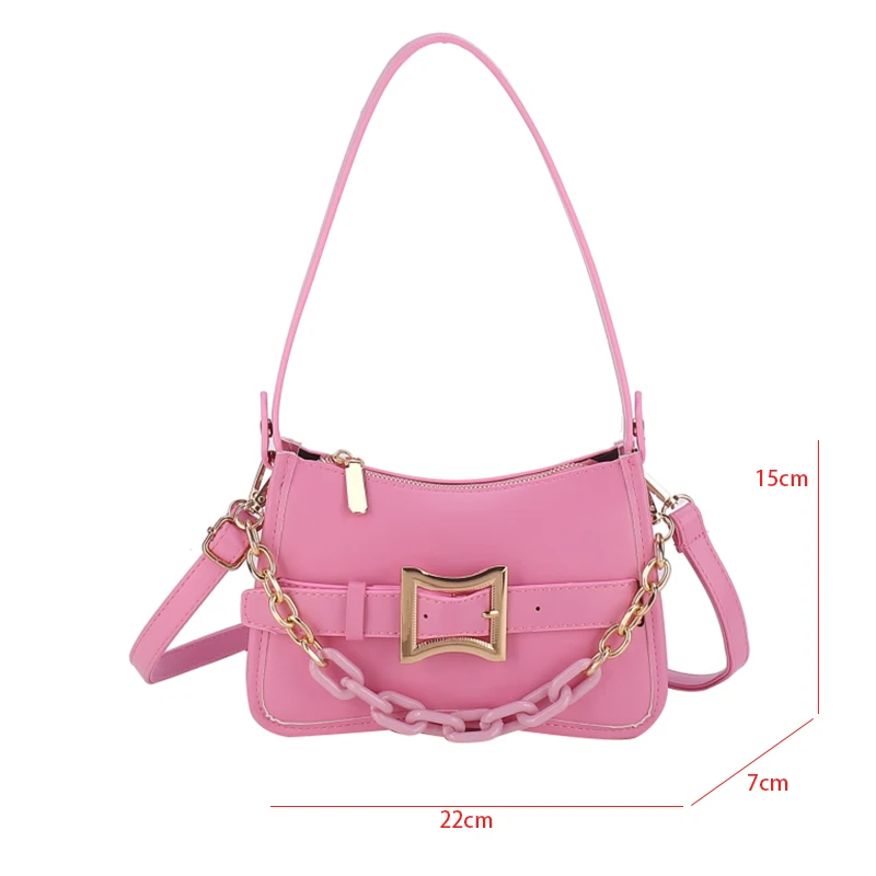 Bolsa de ombro de corrente grossa para mulheres, bolsa de couro PU, monocromática, zipper messenger bag, embreagem rosa, moda feminina