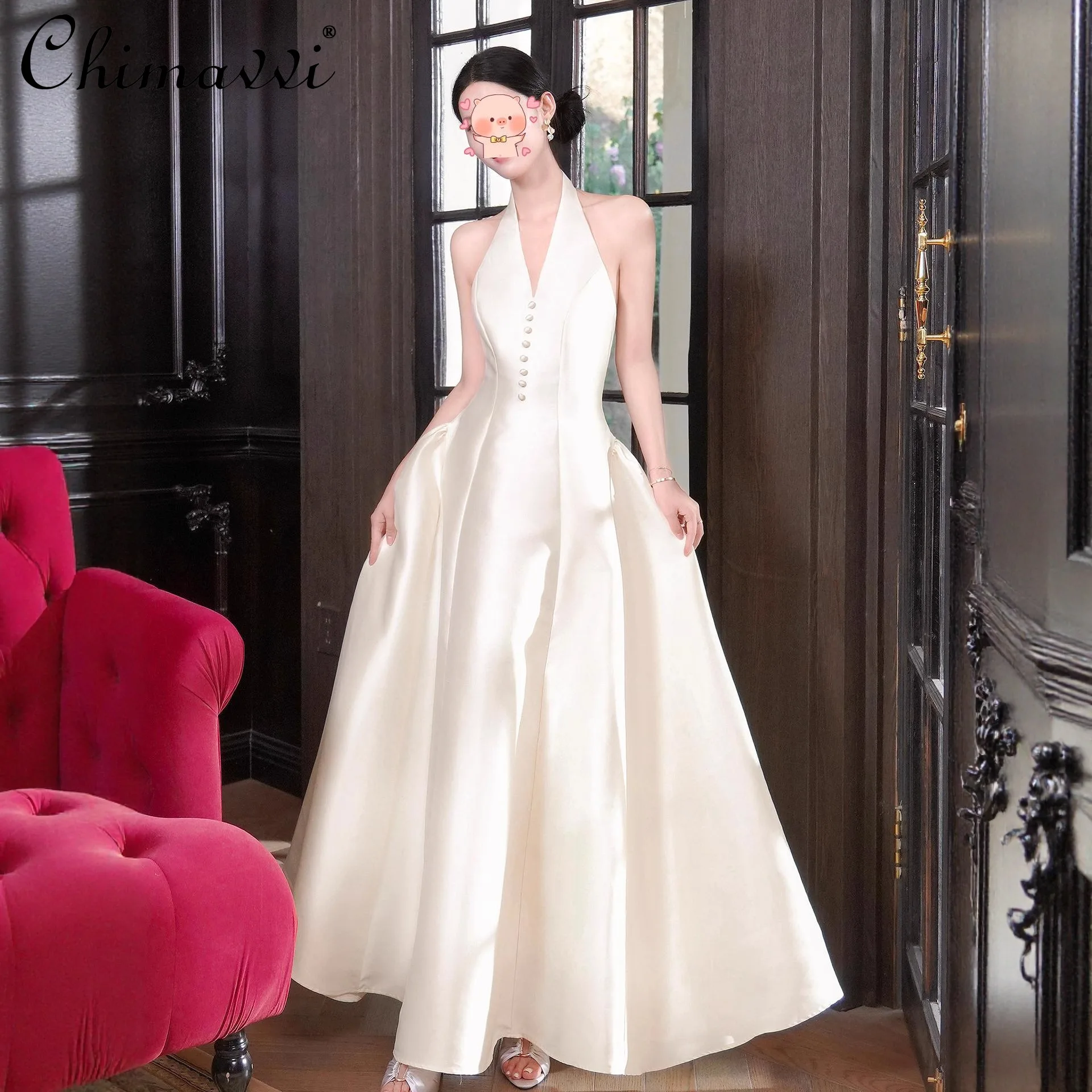 프렌치 스타일 심플 엘레강트 새틴 웨딩 이브닝 드레스 홀터 브이넥 섹시 백리스 하이웨이스트 슬림 A라인 롱 드레스 여성용