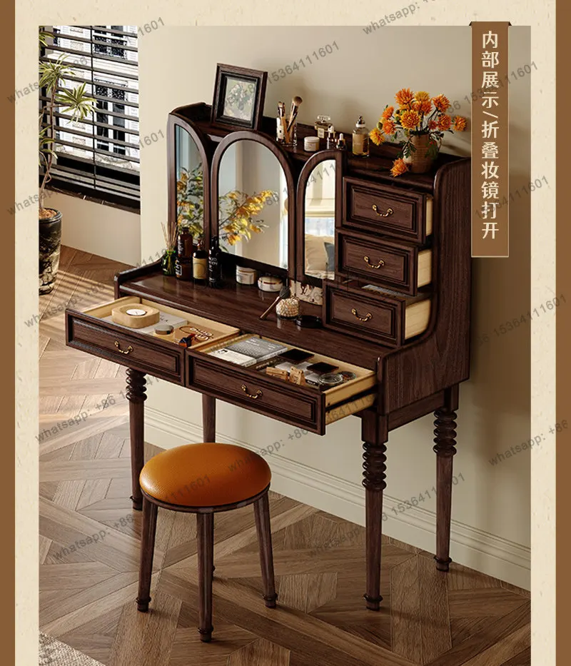 LJYMid-style solid wood dresser, bedroom high-end foldable mirror, flip makeup mirror, small apartment