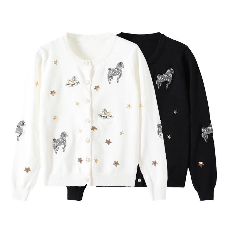 Spring Cardigan Sweater Women Korean Embroidery Horse Cute Knitwears Sequins Cardigans Long Sleeve Tops Jumper Cardigan Feminino