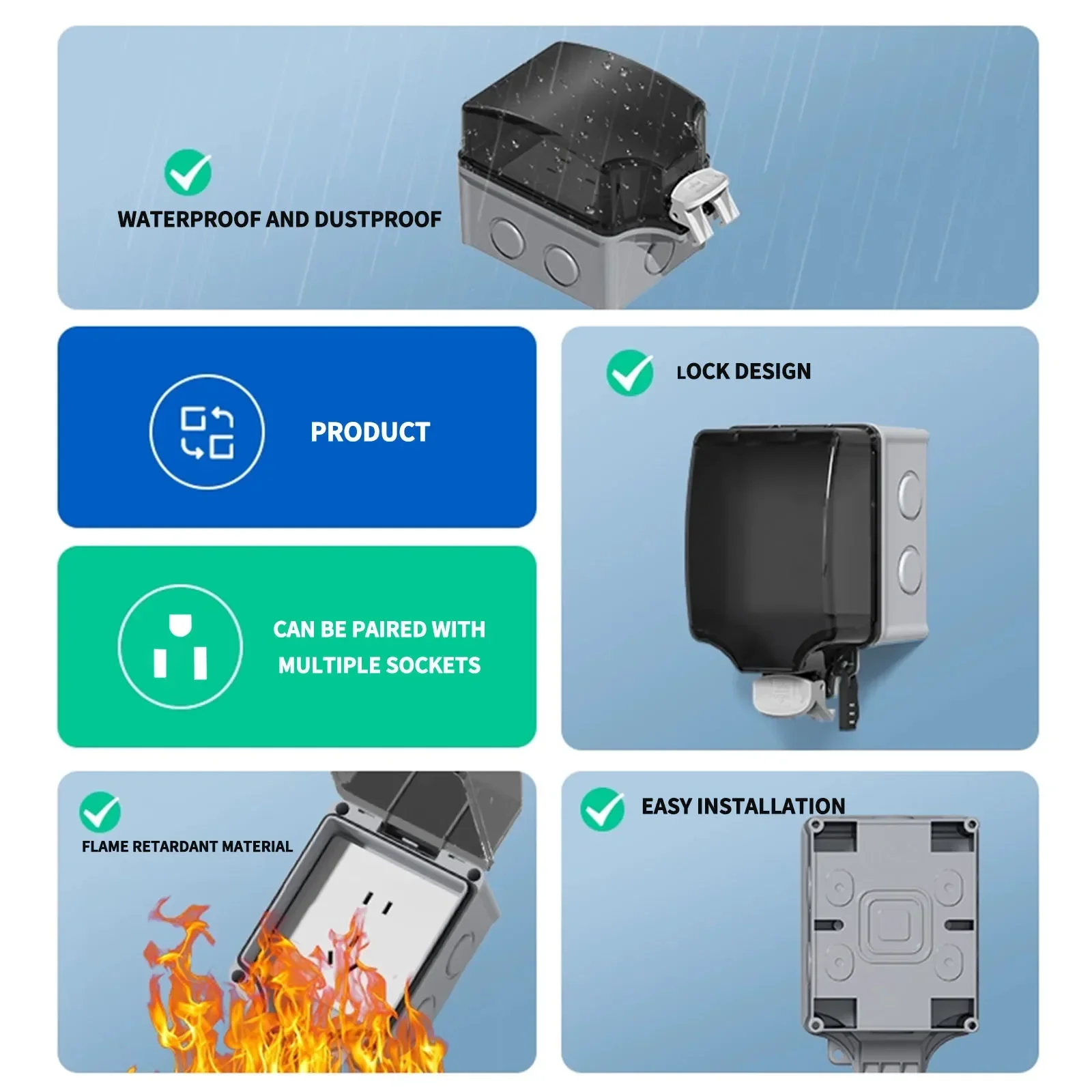 IP66 Waterproof ABS Plastic Gray Junction Box for Outdoor Power Distribution Garden Garage Basement Waterproof Socket Box