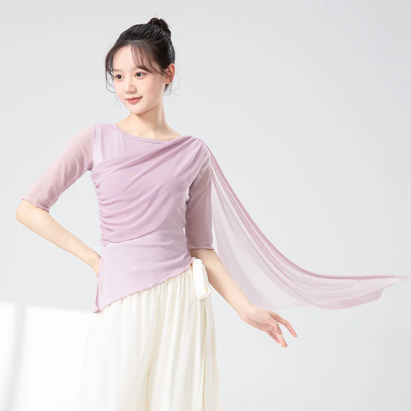 

Modern Dance Top Women Middle Sleeve Tulle Spliced Shirt Blouse Irregular Hem Training Clothes Stage Flowy Chic Casual Tee Tops