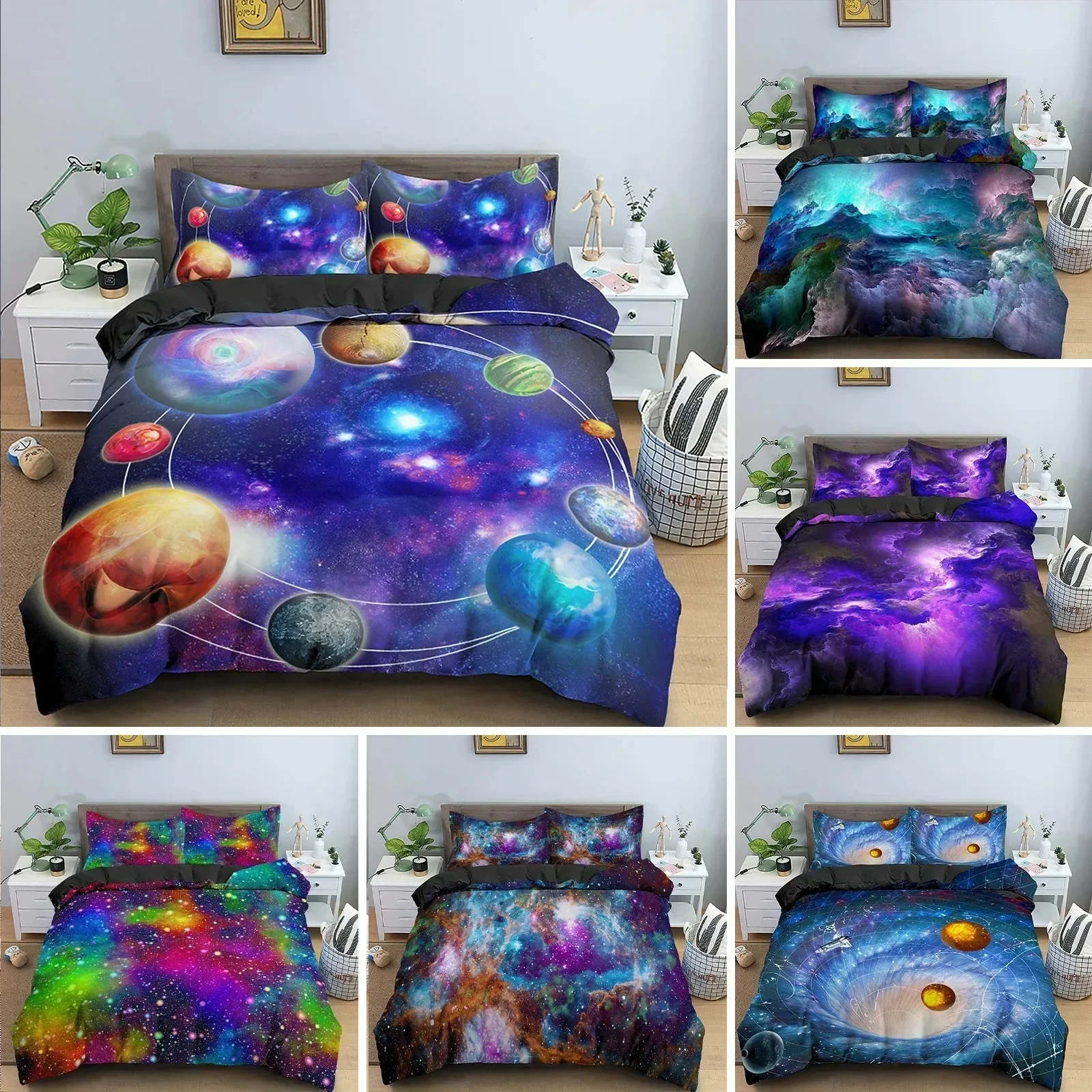 

Galaxy Space Bedding Set 3D Universe Duvet Cover Psychedelic Quilt Cover with Zipper Queen Double Full Polyester Comforter Cover