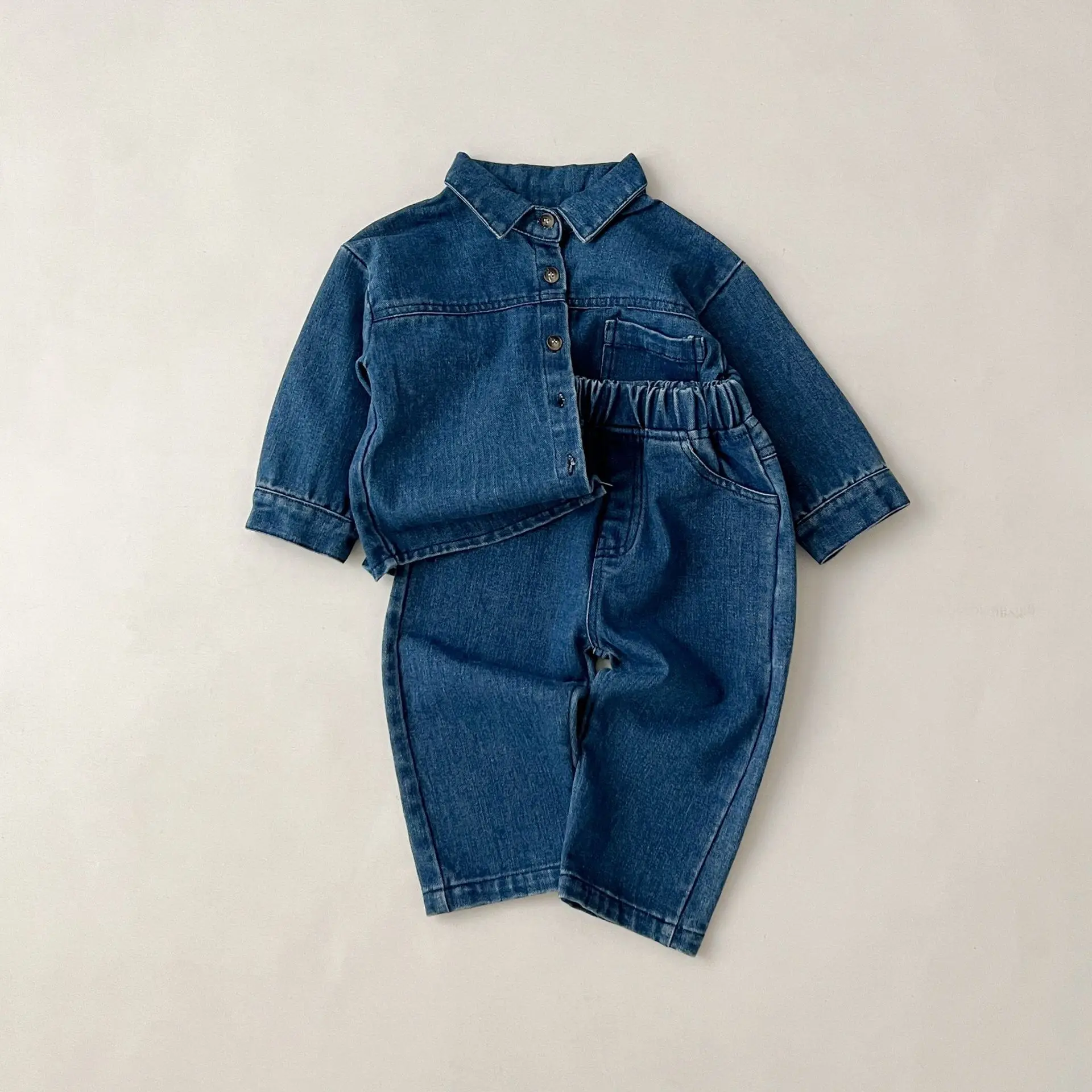 Solid Denim Suit Baby Spring Autumn Long-Sleeved Denim Shirt Jacket Trousers Two-Piece Baby Boys Girls Simple Casual 2PCS