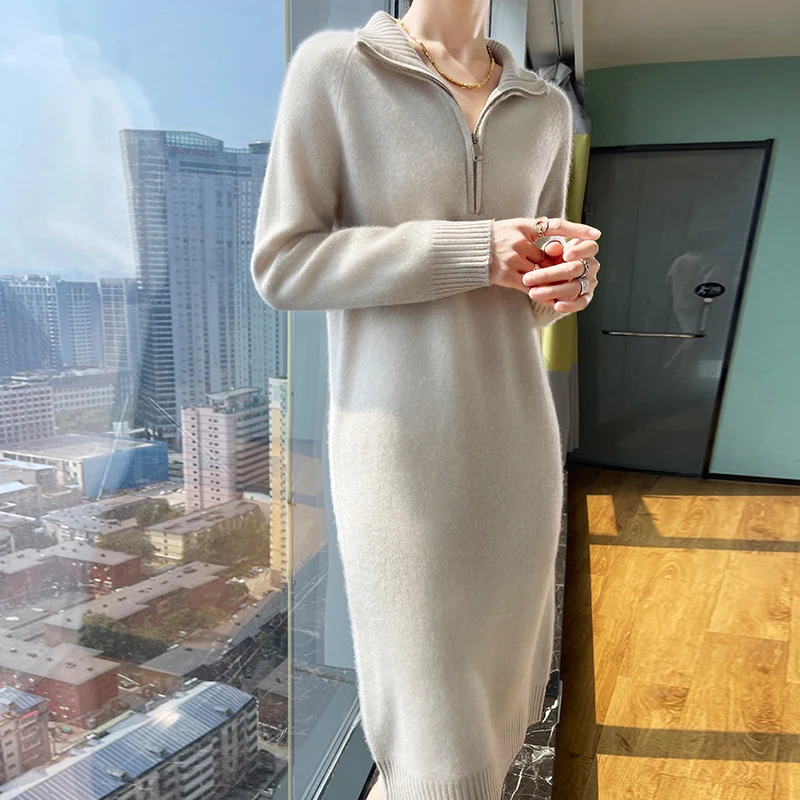 High-end zipper lapel pure cashmere sweater women\'s long over-the-knee sweater skirt loose lazy wind knit bottoming shirt