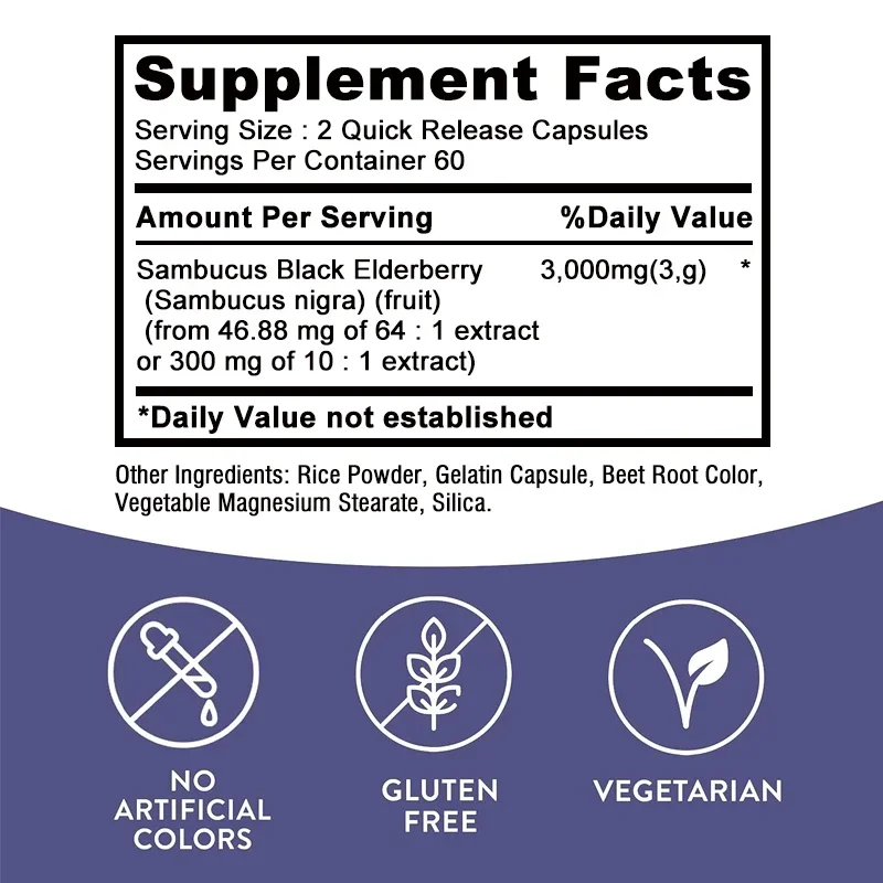 Black Elderberry 3000mg - Supports A Healthy Immune System, Antioxidant Levels and Improved Nutrient Absorption Supplement - Image 2