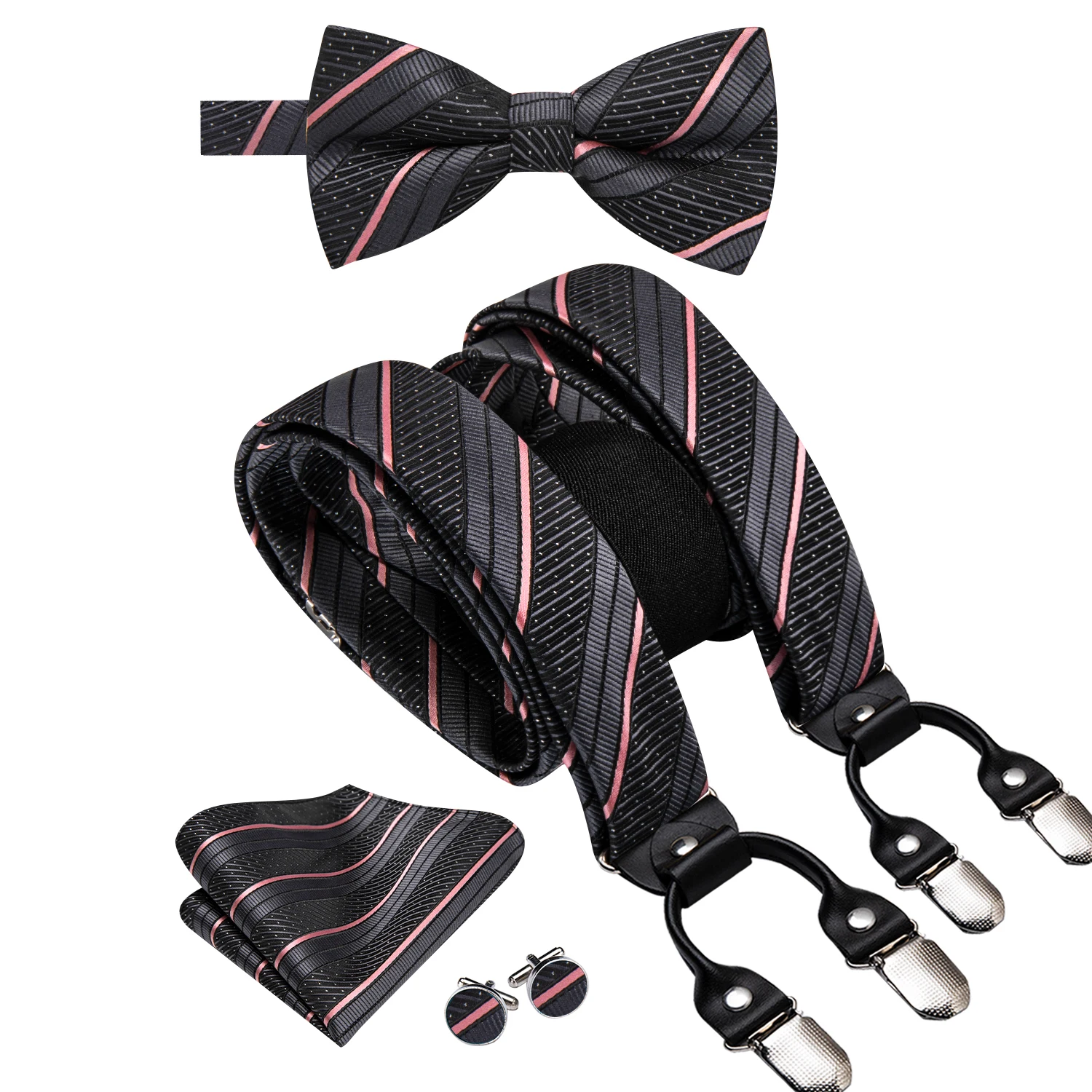 

Hi-Tie Striped Black Pink Silk Men Suspender Bowtie Hanky Cufflink Adjustable Clip On Brace for Male Wedding Business Wholesale