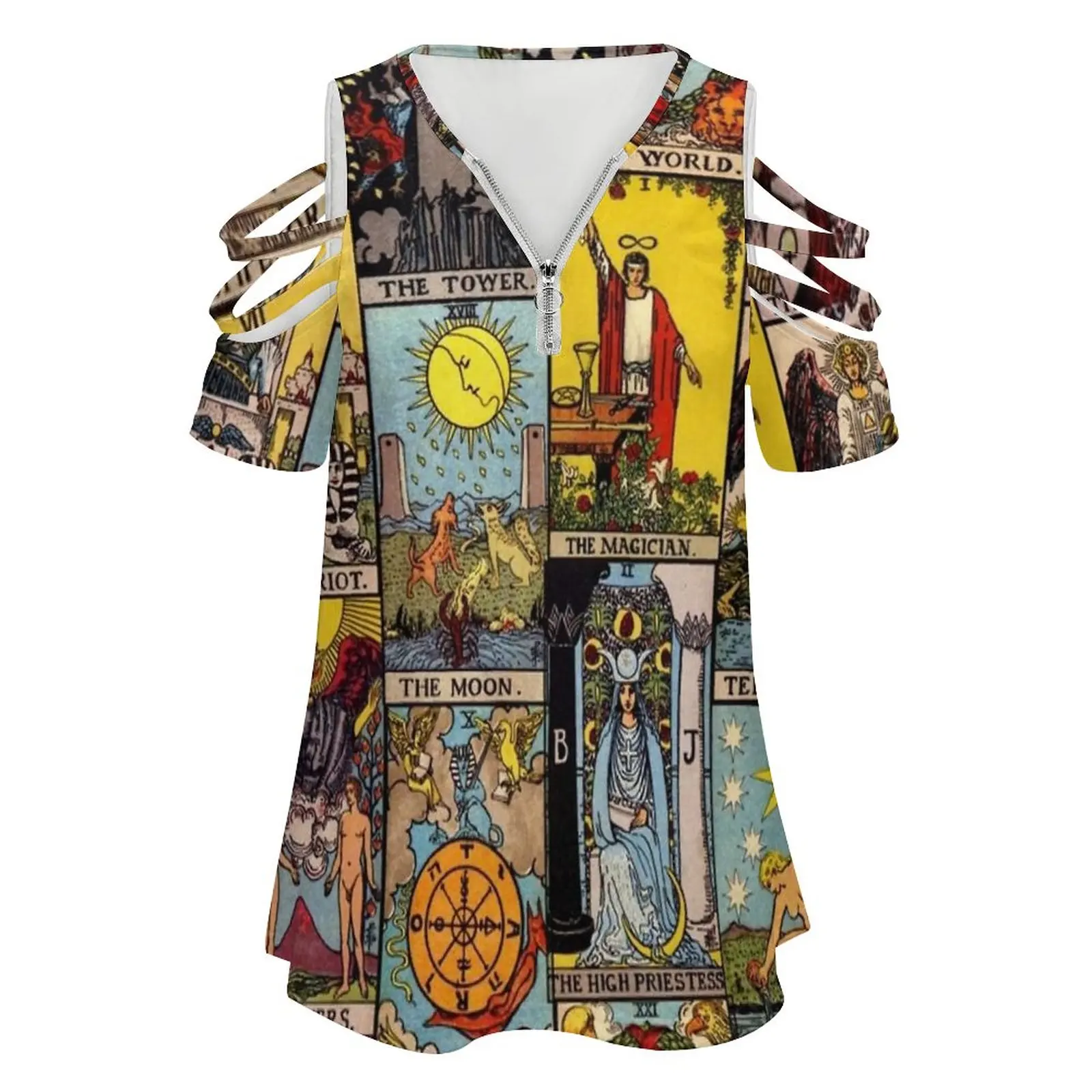 The Major Arcana Of Tarot Women'S T-Shirt Summer Fashion Print Floral V-Neck Zipper Tshirt Hollow Pullover Ladies Top Major