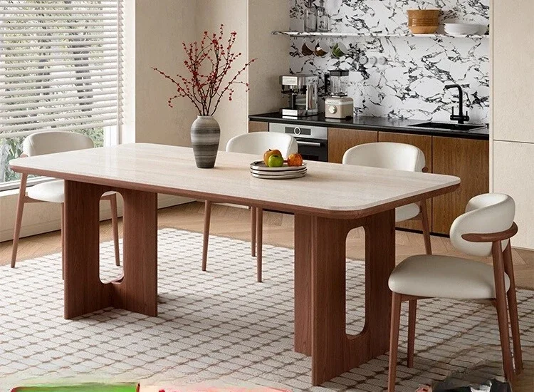 

56Solid wood rock slab dining table retro style Chinese travertine rock slab dining table modern simple square