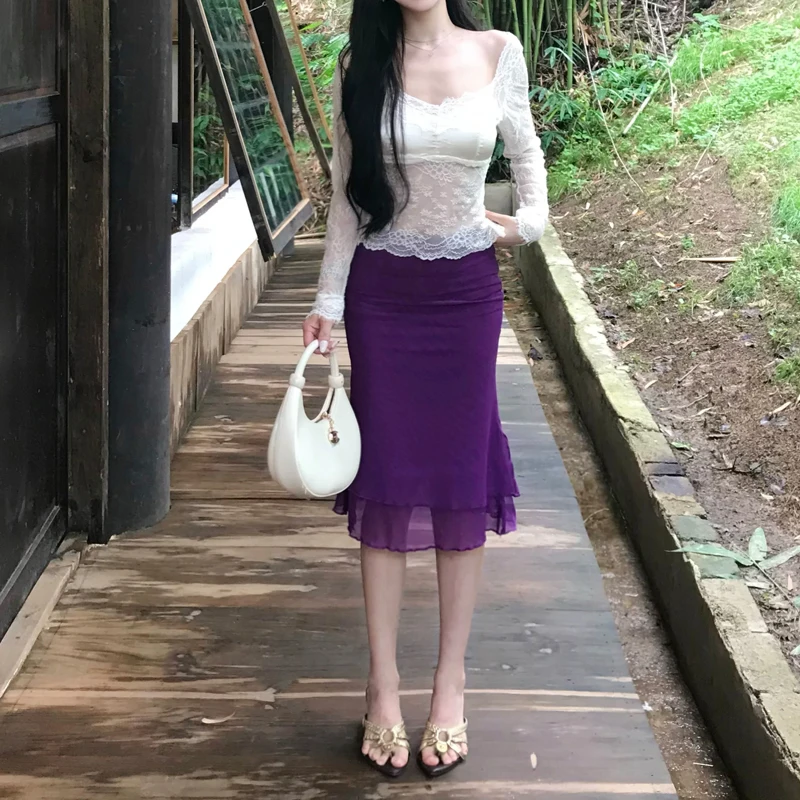 Womne's Mesh Double Layer Knee Skirt Bodycon Mermaid Skirt, Slimming Figure-Hugging Pencil Skirt with Unique Design for Summer
