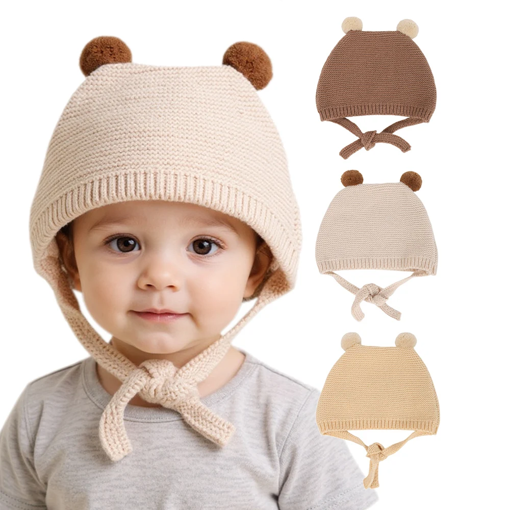 

New Autumn Winter Knitted Baby Hat Solid Color Toddler Boys Girls pompom Ball Hat Tie Bonnet Outdoor Warm Crochet Infant Hats