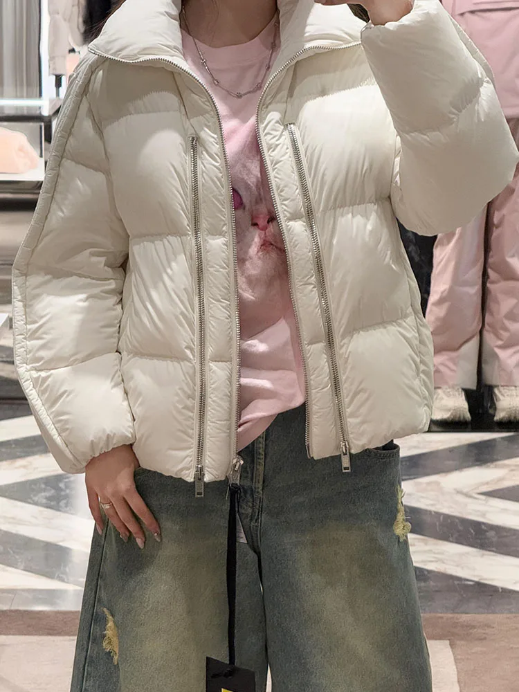 ユニークなオーツホワイトのレディースダウンジャケット、韓国風高級ブレッドコート、厚手のアウターウェア、通勤ファッション、90%ダウンフィルパワー