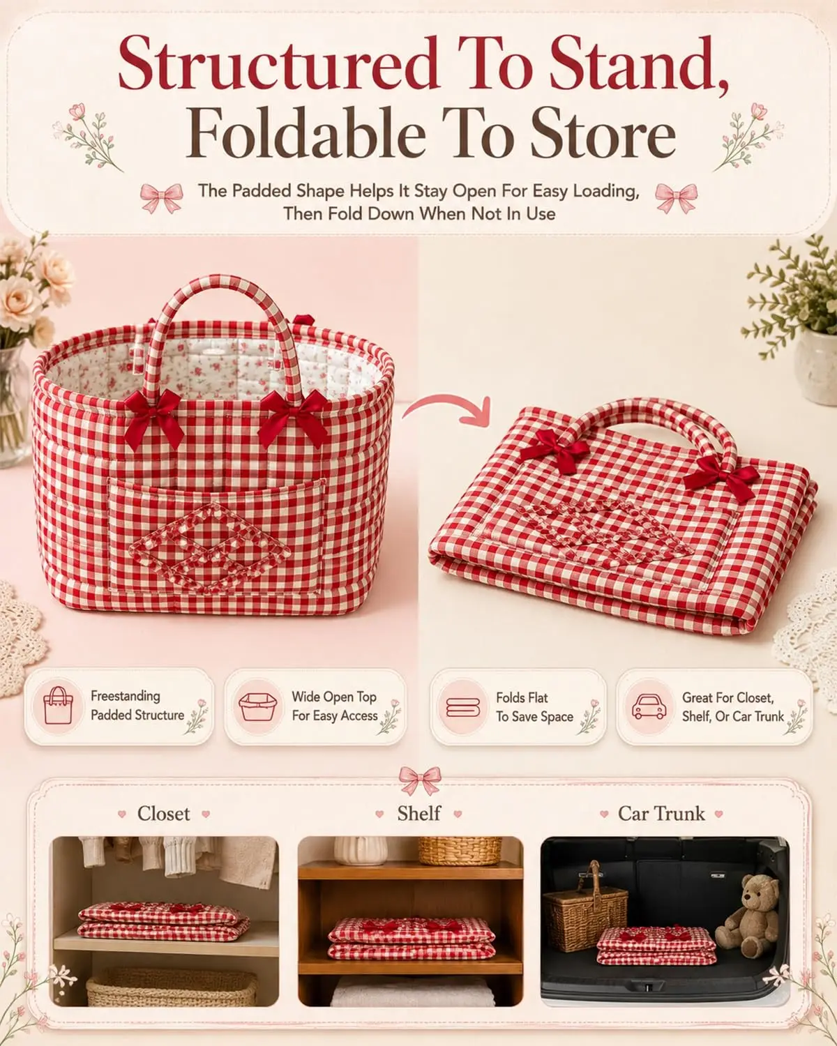 Charming Gingham Style Car Tote Red Basket Quilted Baskets With Handles Everyday Car Storage Basket