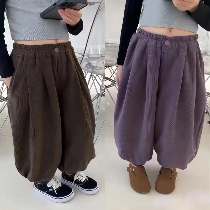 

Children's Corduroy Pants for Spring Autumn and Winter New Lantern Pants Loose Girls' Style with Thick Velvet and Leg Tie Pants
