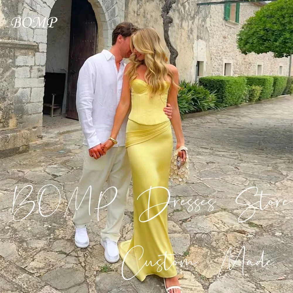 

BOMP Elegant Yellow Wedding Party Dress Strapless Mermaid Pleat Sweep Train Satin Formal Occasion Evening Gown Customized Simple