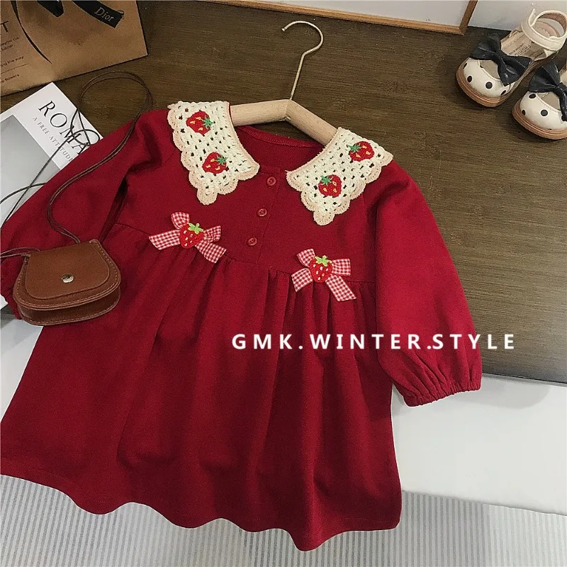 

Girls Dress 2025 Autumn Spring Korean Style Sweet Cute Strawberry Embroidery Bow Red Long Sleeve One Piece Dress