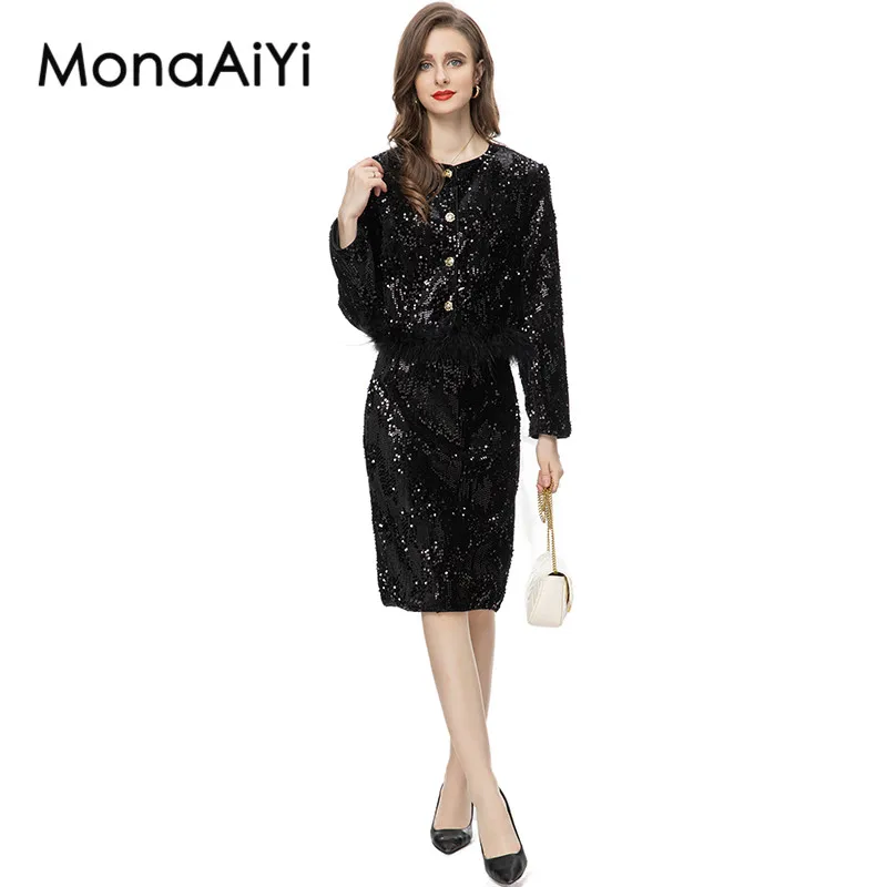 

MonaAiYi High Street Fashion Designer Women's Black Sequin Round Collar Waist Feather Jacket Tops+Mid Skirt 2pcs Set 2023