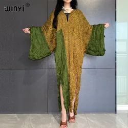 WINYI summer crumple Retro Print Party Long Dress Women Elegant kaftan Deep V Neck long Sleeve Dress Ladies Fashion Beach Dress