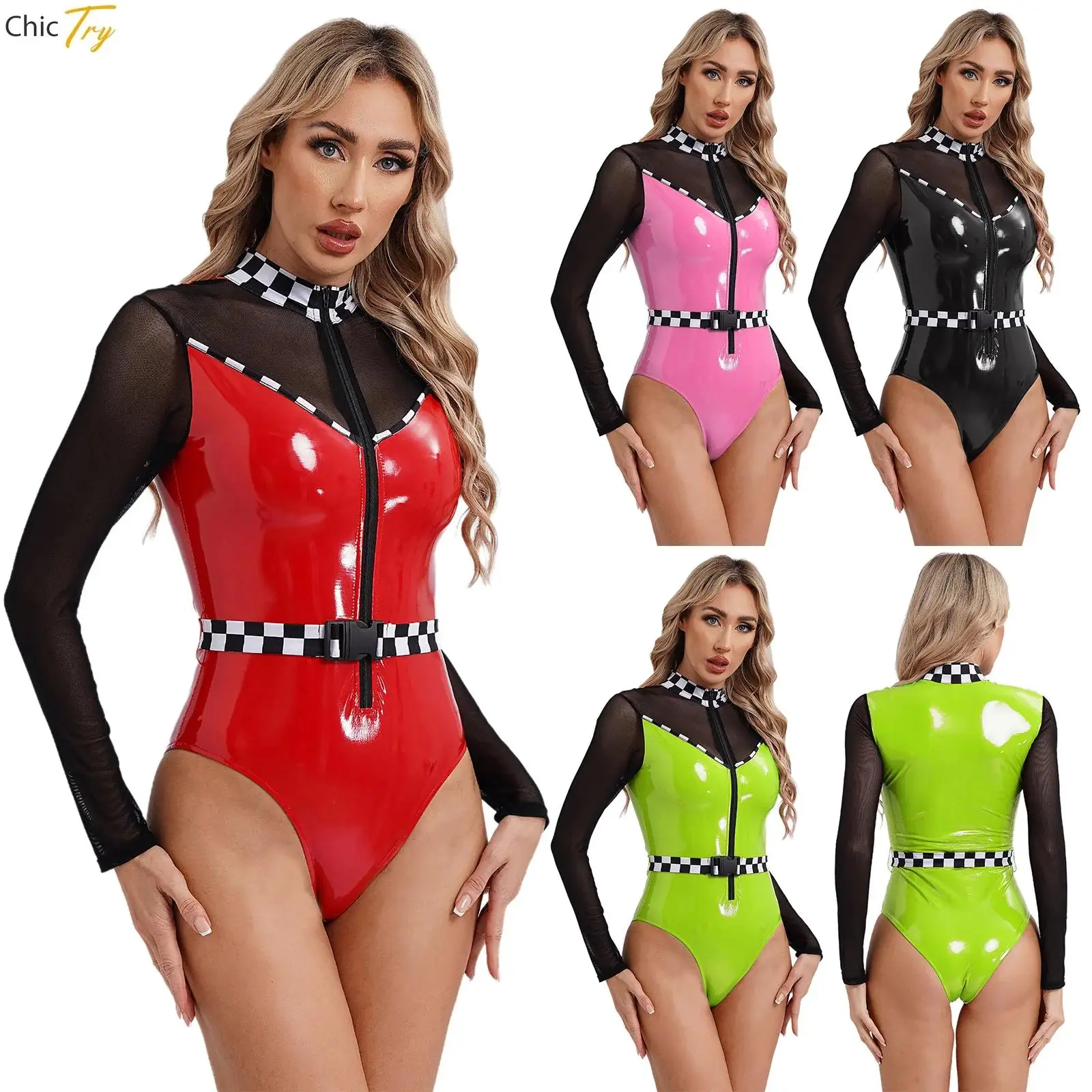 Womens Speed Car Racer Driver Bodysuit Sheer Mesh Zipper Patent Leather Leotard Jumpsuit with Belt Checkerboard Fancy Dress-up