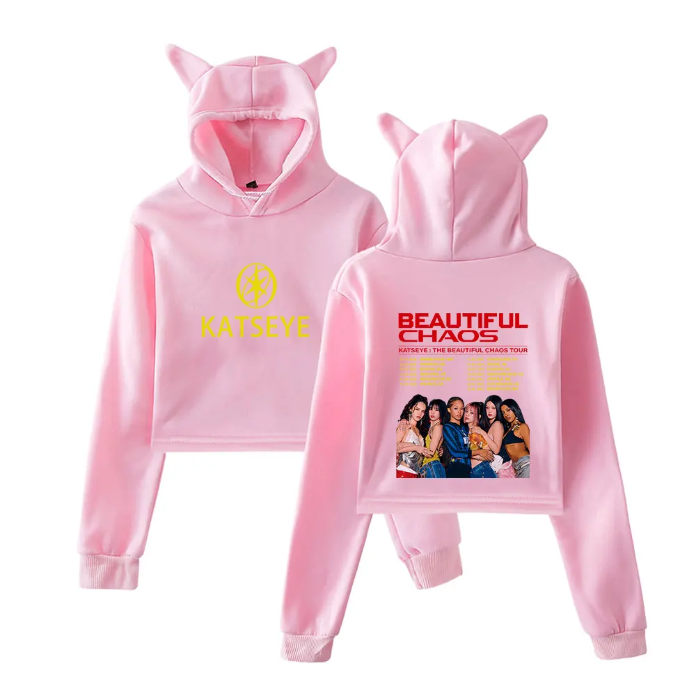 Katseye Merch 2025 جولة الفوضى الجميلة هوديس Kawaii القط الأذن الرباط هوديس البلوز البلوفرات الموضة #2