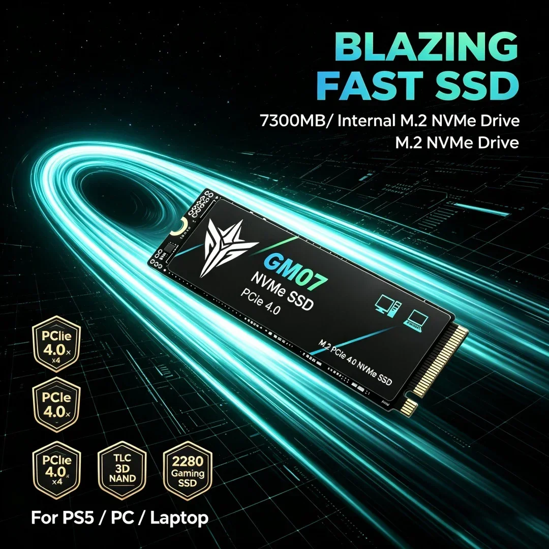 GM07 NVMe M.2 SSD PCIe Gen4.0 X4 7300MB/s Transfer Speed TLC Solid State Drive 500GB-4TB Compatible with PS5 Laptop Desktop