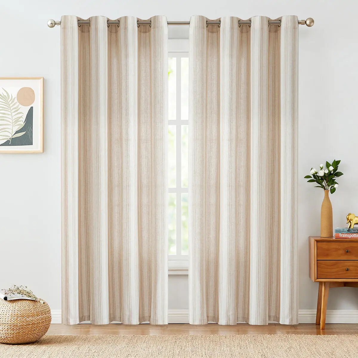 

JINCHAN Light Filtering Linen Curtains For Living Room Bedroom Striped Design Farmhouse Window Drapes Grommet Top Curtain 2PCS