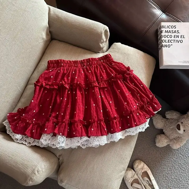 Natal vermelho jk mini saia feminina doce renda retalhos saia plissada harajuku y2k em camadas cintura alta estilo preppy saia