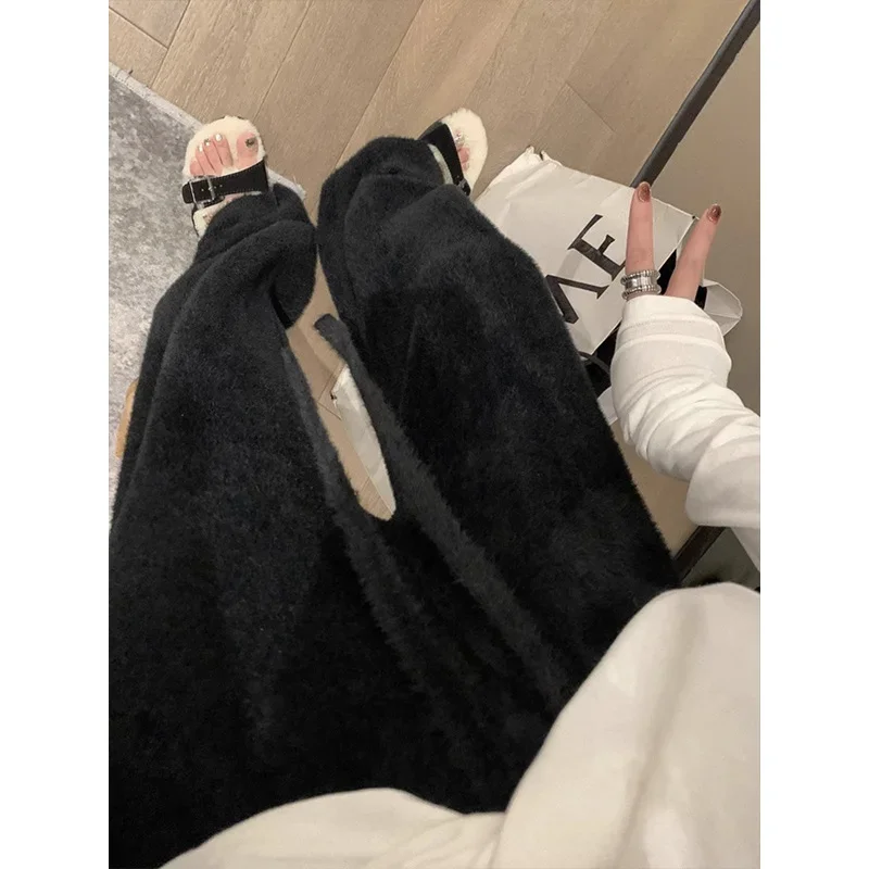 

Korean Fashion Women's Wide Leg Pants Autumn Winter Plush Warm Knit Loose Casual Pants Y2k Sweatpants Women Streetwear