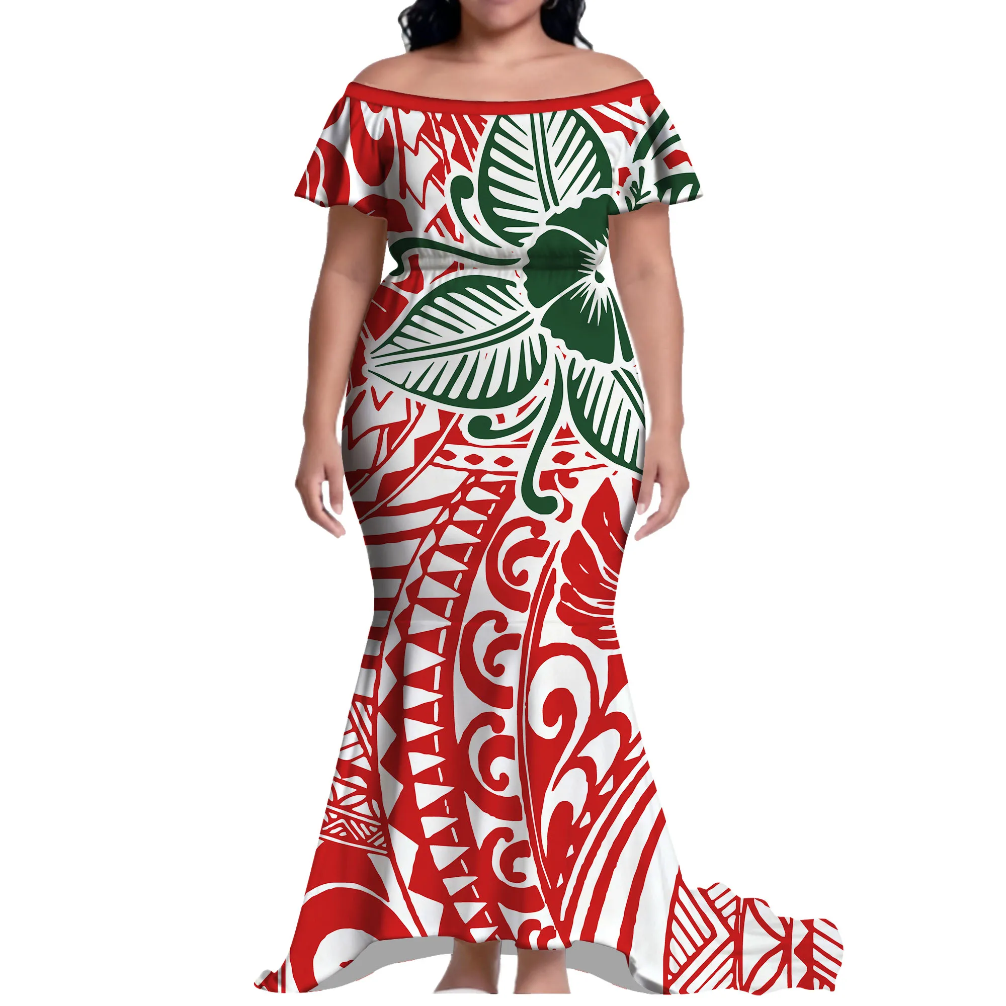 

Custom-Patterned Off-The-Shoulder Ladies' Dress Polynesian Style Cinched Waist Floor-Length Skirt Short-Sleeved Evening Dress