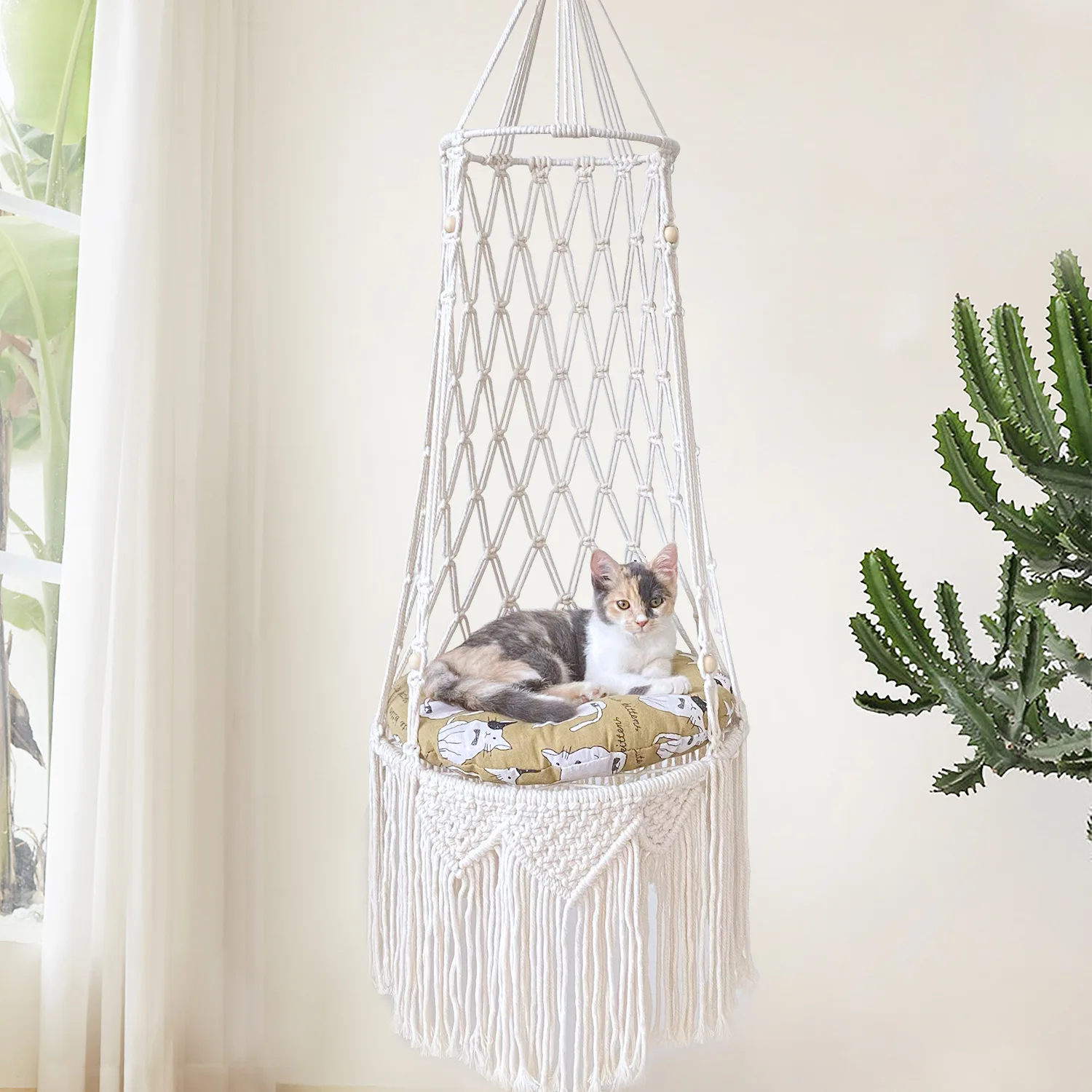D5 Boho Macrame Hanging Pet Bed Cat Dog Swing Cotton Rope Long Tassel Basket Fringe Hand Woven Indoor Cat Hammock Nest Mesh Bag