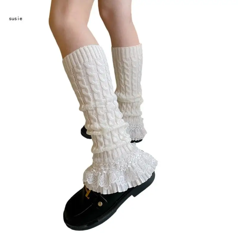 Cable Knitted Leg Warmers with Ruffle Lace Japanse Leg Cover Footless Socks X7YA