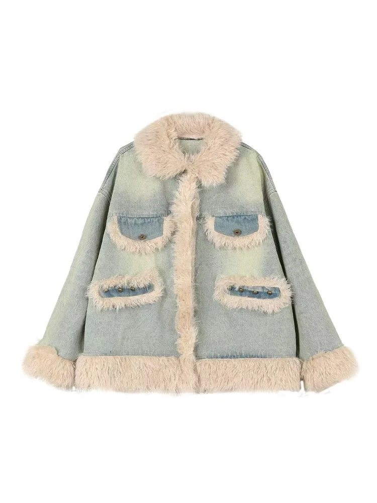 

Retro Lamb Fur Denim Thiened Women's Jaet Autumn Winter New Sle High-End Splicing Mink Cotton Coat Loose Fit Long Sve