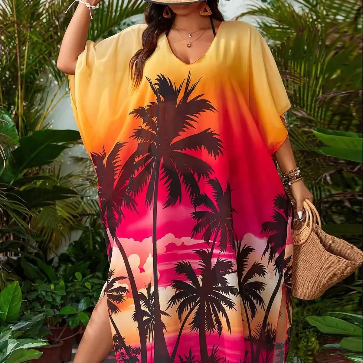 Vertuschung für Damen, Hemd, Strandkleid, Tunika, Hemdkleid, 2024, Sommerkleid, Kokospalme, Aufdruck, Vertuschungen, Strandmode, Badeanzug