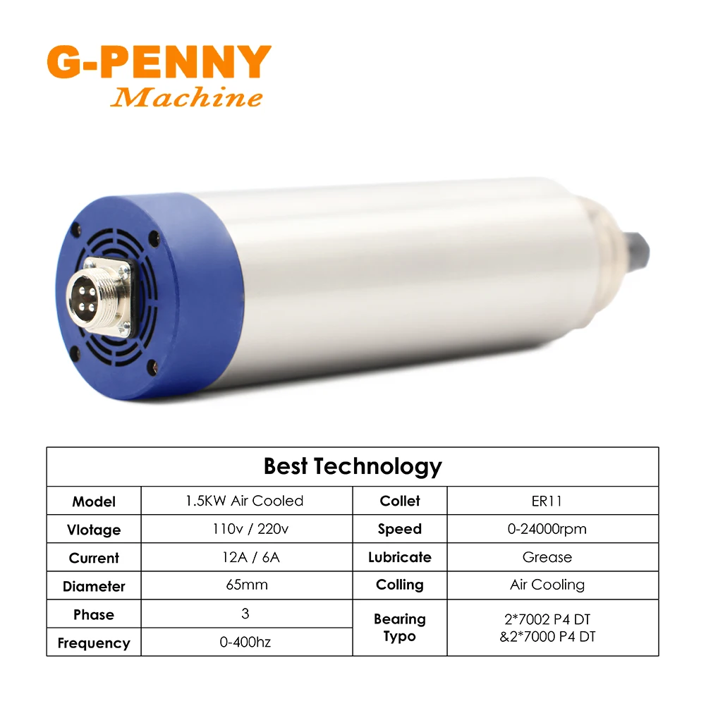 Broche pliable refroidie par air ER11, 24000 kw, refroidissement par air 400Hz, 4 roulements 65x204mm, 1,5 kw QL Vineau/onduleur, support 65mm