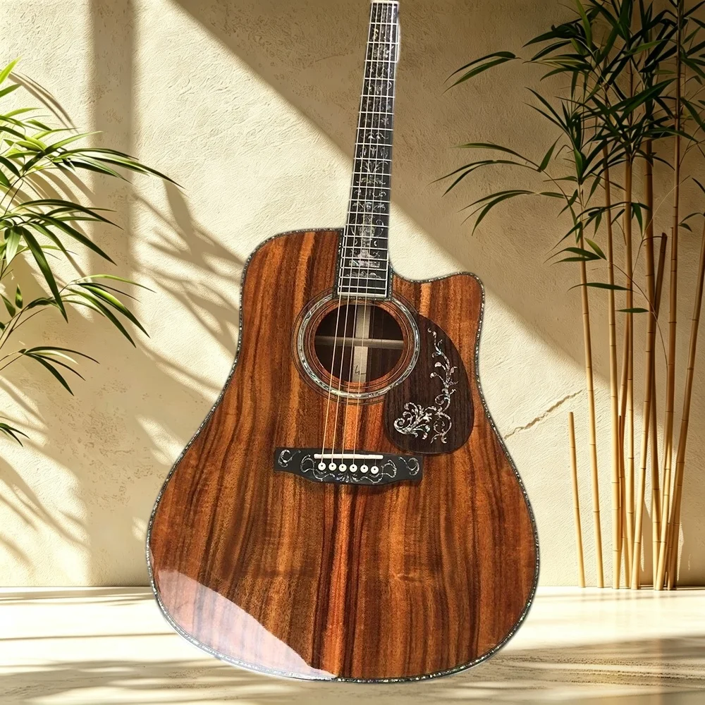 D45 Cutaway Body Acoustic Guitar All Koa Wood Ebony Fretboard Carved Abalone Inlay Pickguard Gloss Finish Fingerstyle Player