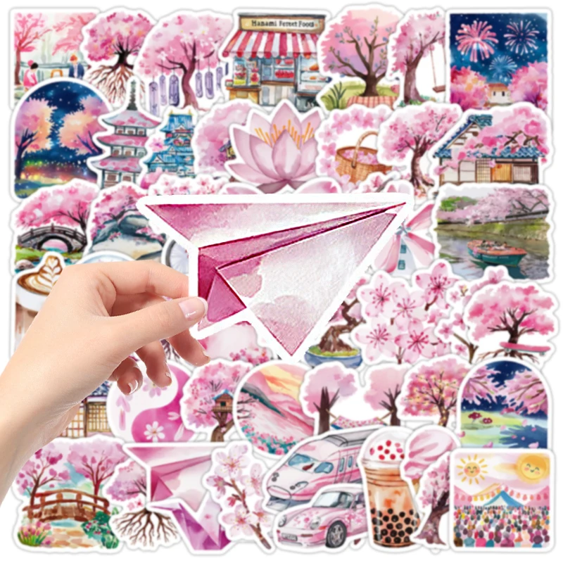 50PCS Pink Cherry Blossom Graffiti Stickers Aesthetic DIY Decoration Notebook Guitar Envelope Helmet Kawaii Decals Kids Toy Gift