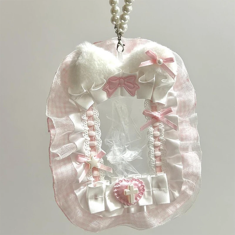 Tempat Kartu Boneka DIY Manis Dengan Pita Lolita, Kotak Kartu Foto Berenda, Pelindung Foto Idol Anime, Aksesoris Kartu DIY