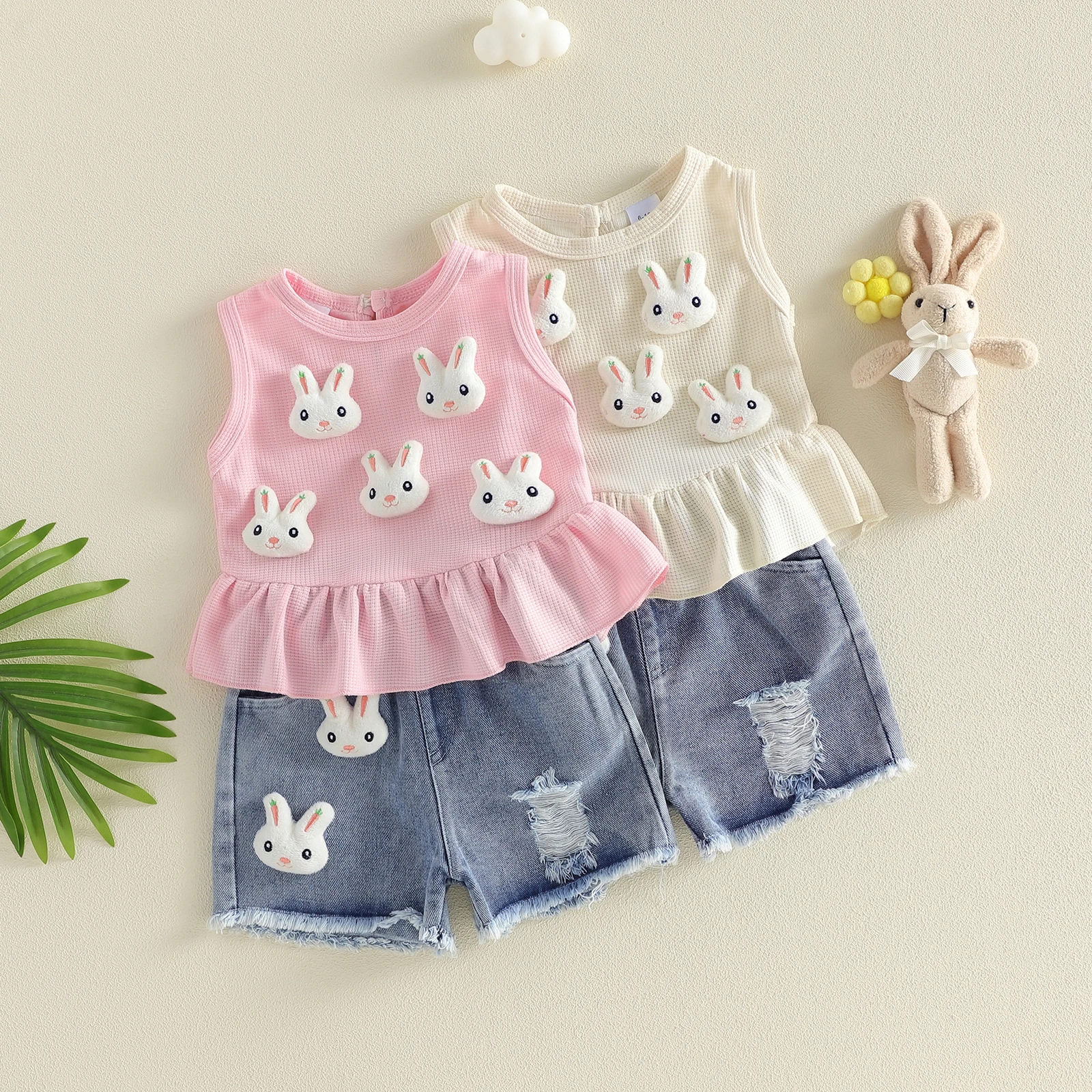 Toddler Baby Girl Easter Outfit Plush Bunny Head Sleeveless Ruffle Tank Tops and Ripped Denim Shorts 2 Piece Set 6M-4T