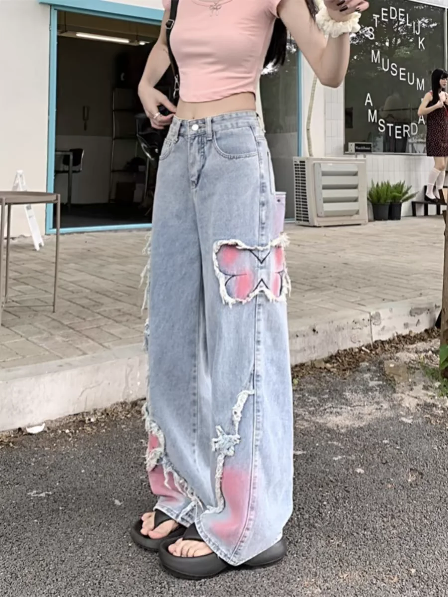 

Light Blue Embroidered High Waist Wide Leg Jeans Women's Design Sensation Straight Cut Pants plus Size Casual Denim