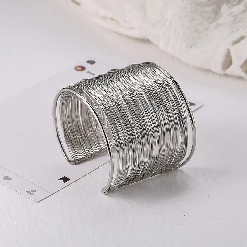 Vintage Punk Layered Wide Wire Cuff Bangle Bracelets for Women Exaggerated Gold Silver Color Metal Bangle Female Trendy Jewelry