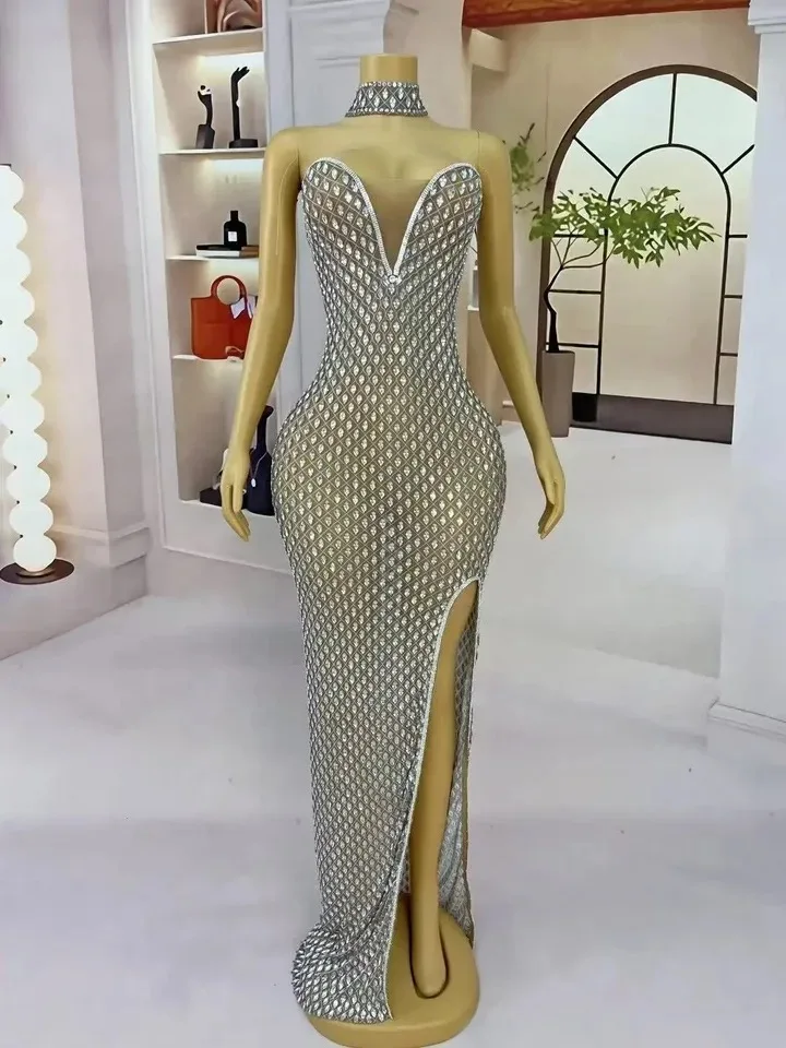 여성 생일 축하 저녁 댄스 파티 드레스 파티 클럽 무대 의상 고급스러운 전체 라인 석 메쉬 투명 롱 드레스