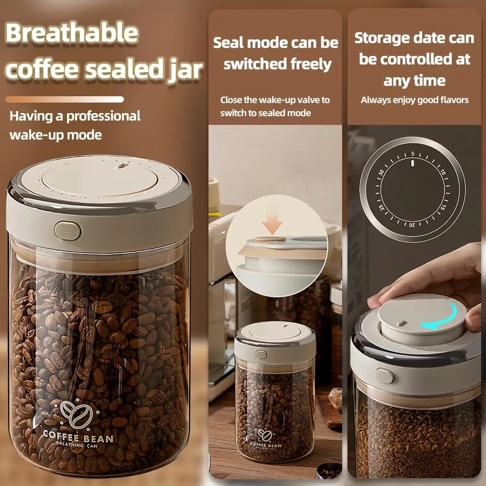 Vacuum Food Grade Coffee Bean Sealed Jar with Date Tracker and Waking Bean Valve Storage Containers for Grain, Snack, Sugar, Tea